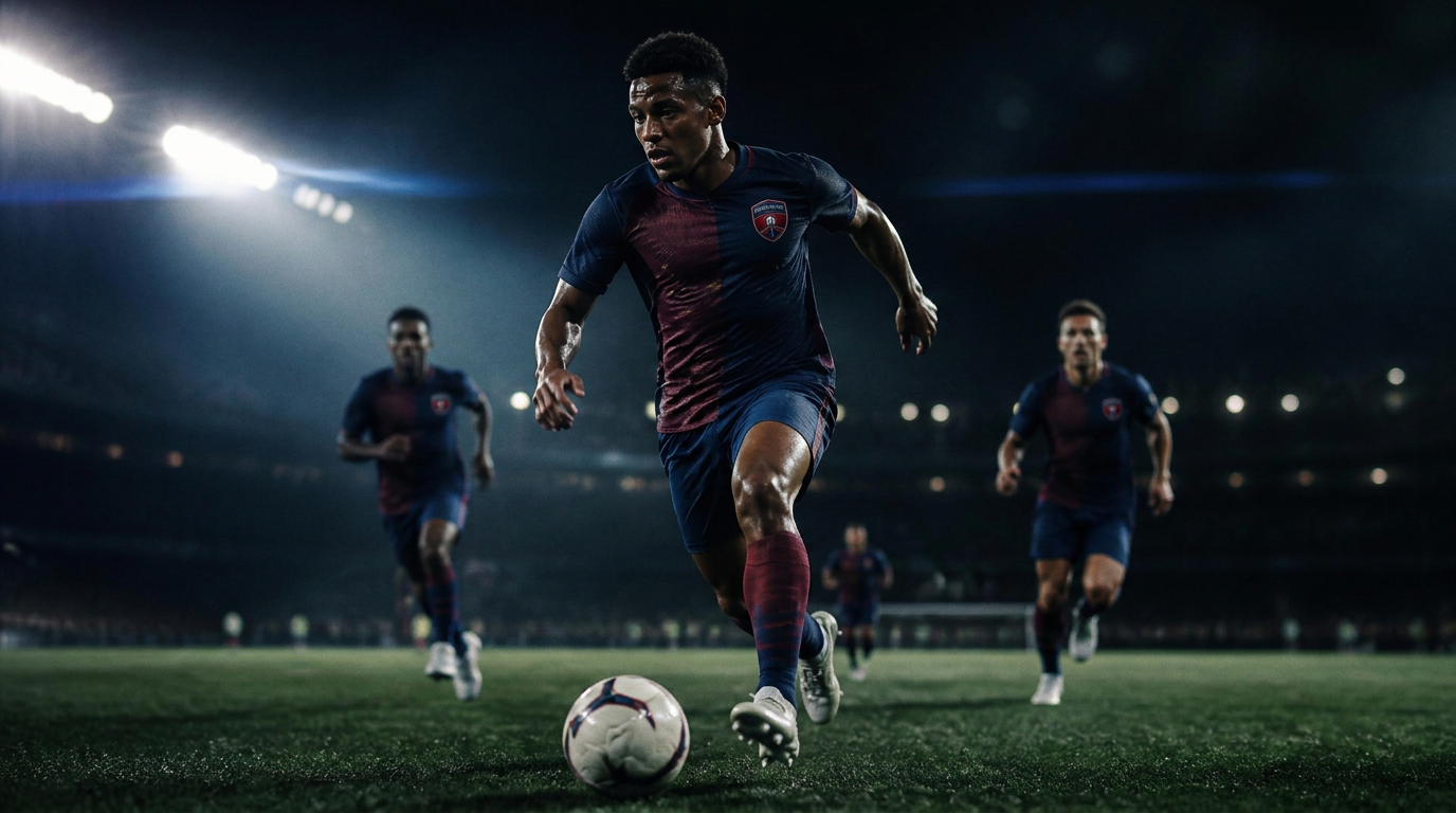 Panorama youth players in action under floodlights